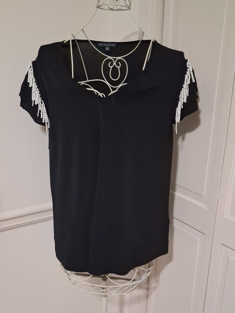 Adrianna Papell Black Short-Sleeve Top with White Beaded Fringe